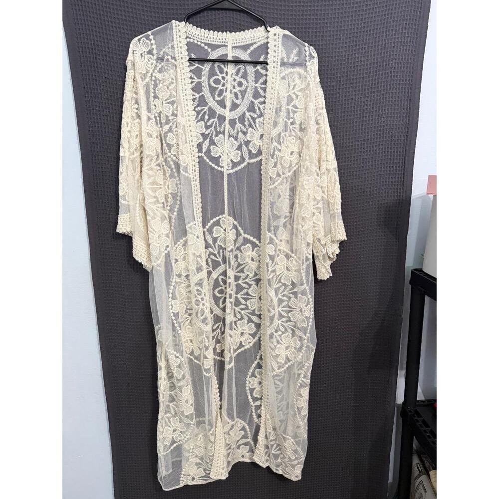 Kimono Womens One Size Ivory Boho Sheer Lace Floral Pattern Open Front Romantic